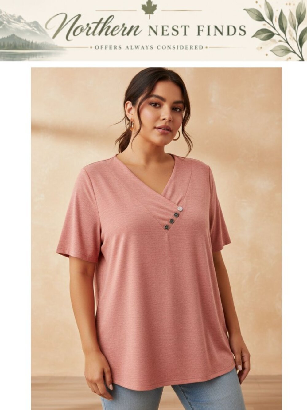 Plus Size V Neck Button Down Tunic Top L-4XL Relaxed Fit T-Shirt